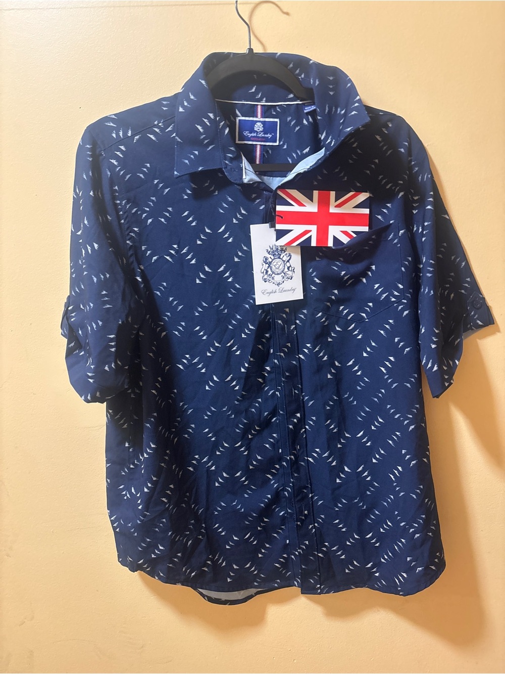 English Laundry Navy Short-Sleeve Button-Up Shirt with White Micro Pattern